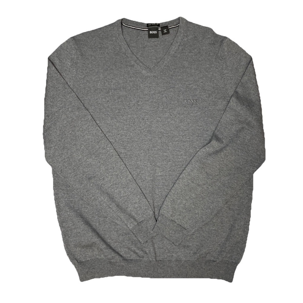 Hugo Boss V Neck Merino Wool Italian Yarn Sweater Mens Size XL Embroidered Gray